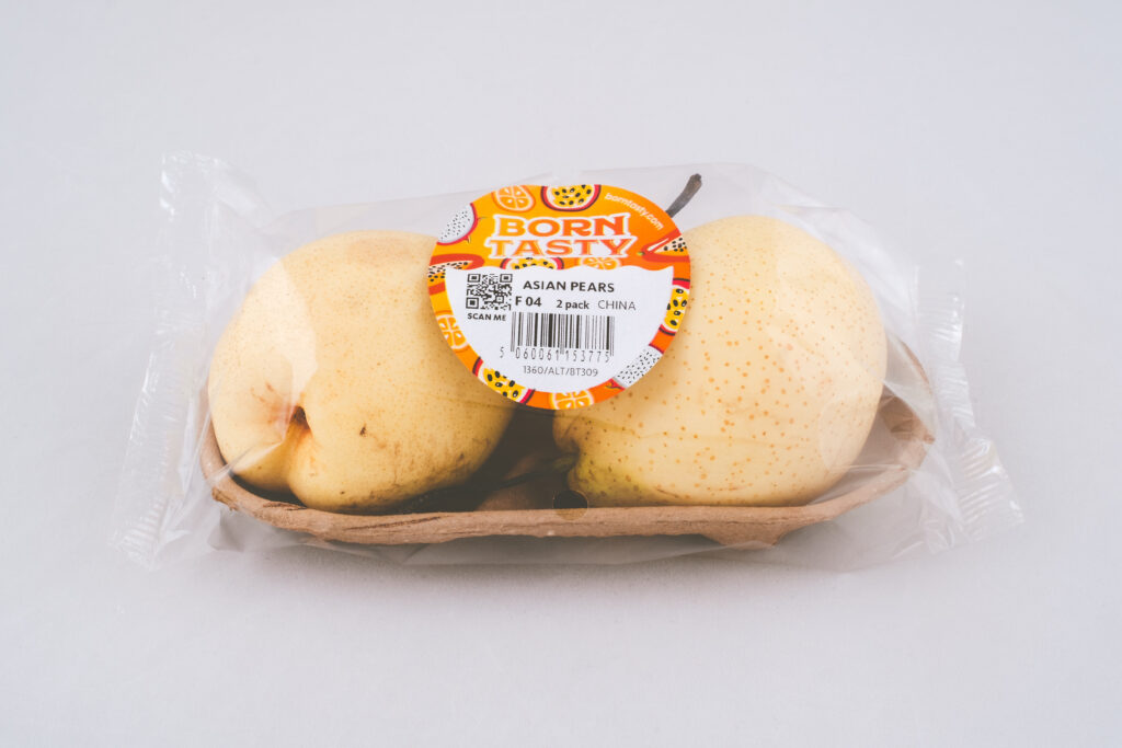 Two asian pears packaged together.